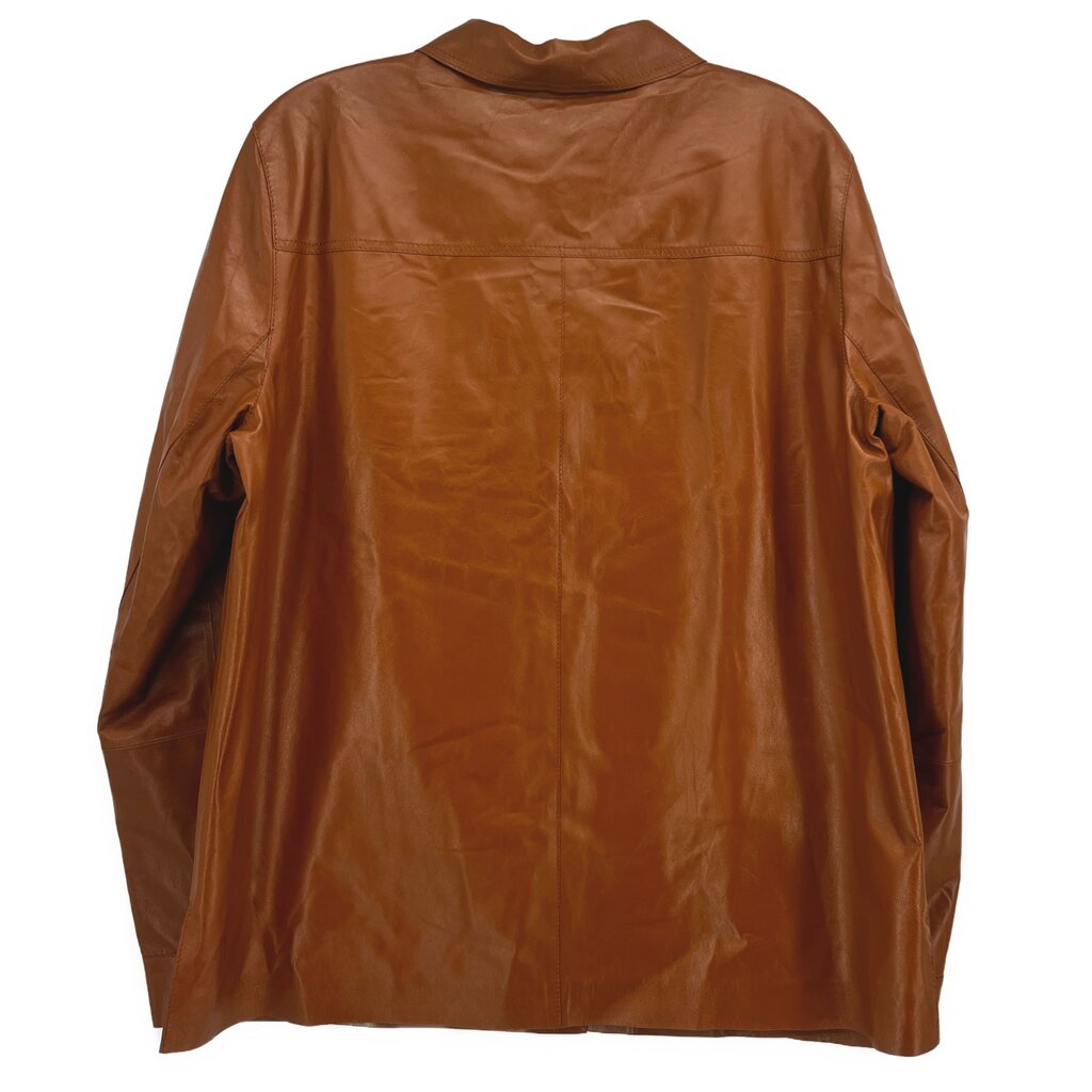 Brown leather top, back view with stand collar and shoulder seams
