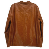 Brown leather top, back view with stand collar and shoulder seams