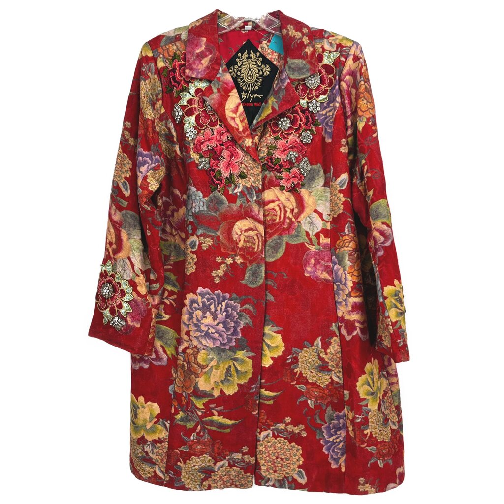 Red floral button-up jacket with pointed collar and long sleeves