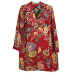 Red floral button-up jacket with pointed collar and long sleeves