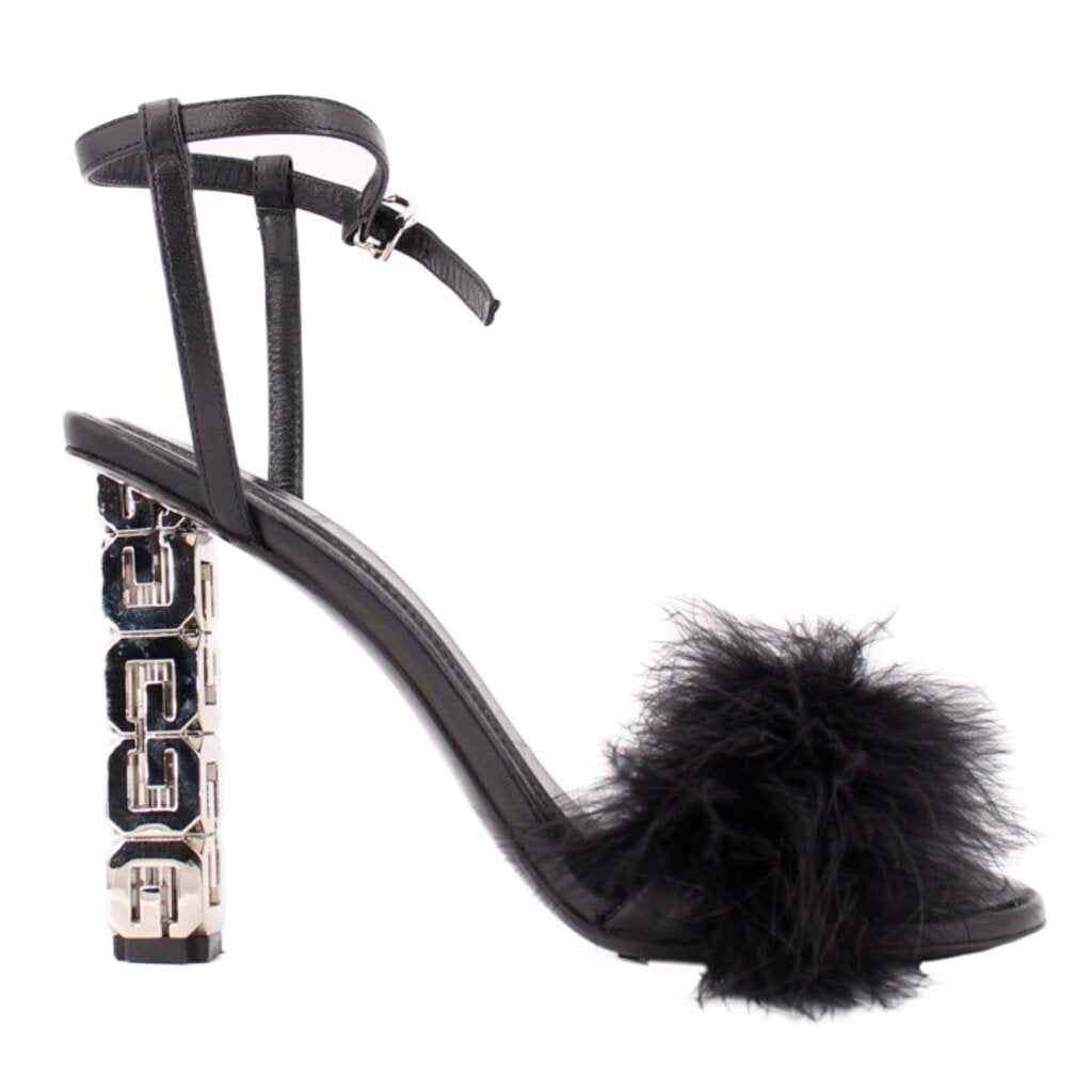 Black feather-trim sandals with ankle strap and tall block heel, GIVENCHY cube hardware