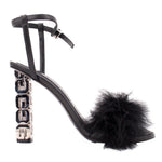 Black feather-trim sandals with ankle strap and tall block heel, GIVENCHY cube hardware