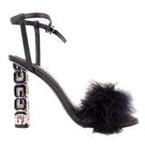 Black feather-trim sandals with ankle strap and tall block heel, GIVENCHY cube hardware