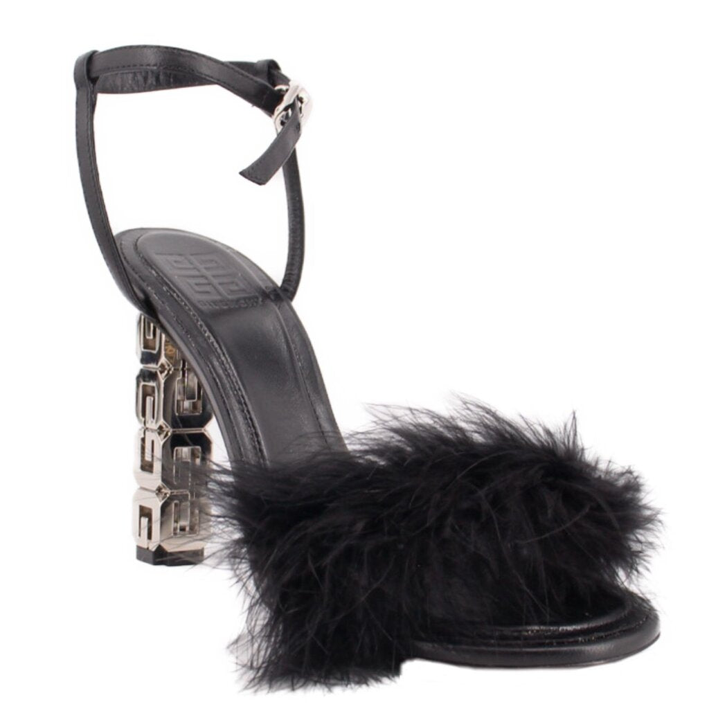 Black feather-trim sandals with ankle strap and block heel, GIVENCHY cube detail