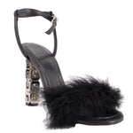 Black feather-trim sandals with ankle strap and block heel, GIVENCHY cube detail