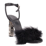 Black feather-trim sandals with ankle strap and block heel, GIVENCHY cube detail