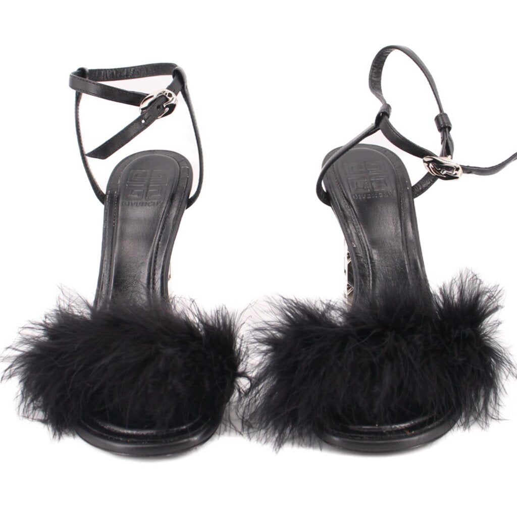 Black feather-trim open-toe sandals with ankle strap and block heels, GIVENCHY cube hardware