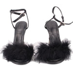 Black feather-trim open-toe sandals with ankle strap and block heels, GIVENCHY cube hardware