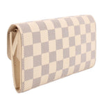 Damier Azur checkered wallet viewed from side, showing flap and stitching