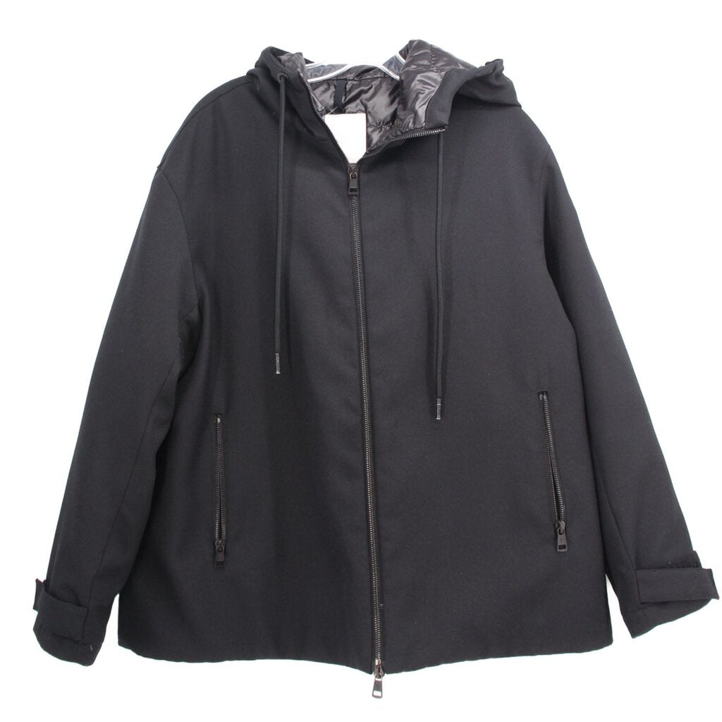 Black zip-up light jacket with drawstring hood and side pockets