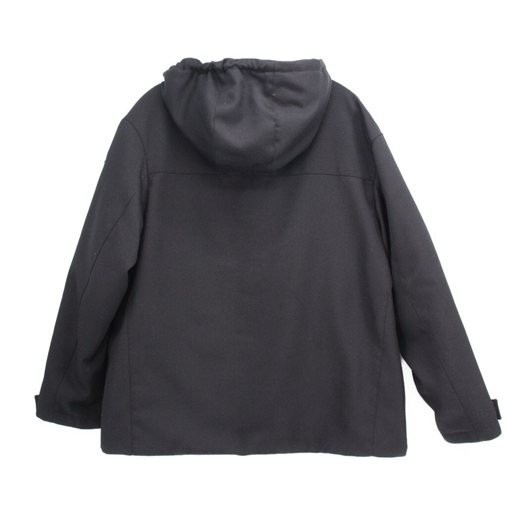 Black hooded light jacket, back view with drawstring hood