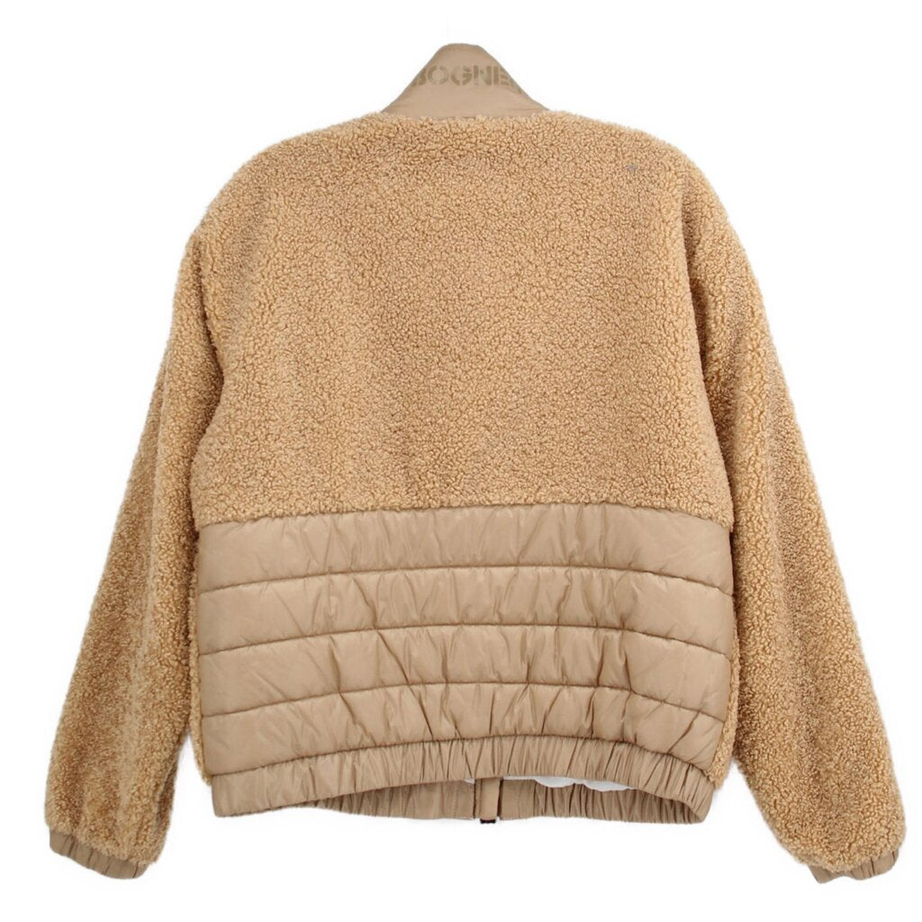Tan sherpa jacket with quilted lower back panel, zip front, ribbed hem