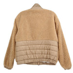 Tan sherpa jacket with quilted lower back panel, zip front, ribbed hem