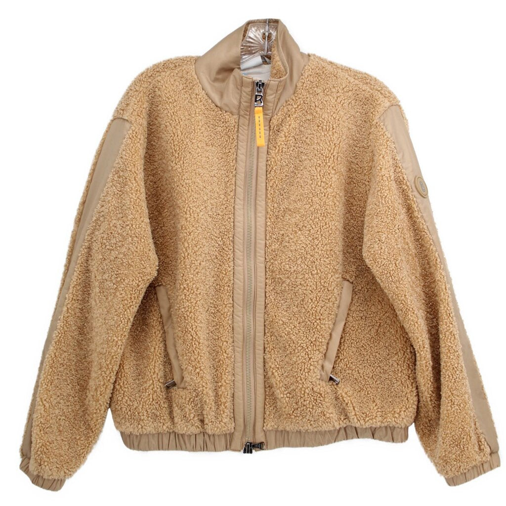 Tan teddy fleece jacket with full zip front, high collar, ribbed cuffs