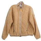 Tan teddy fleece jacket with full zip front, high collar, ribbed cuffs