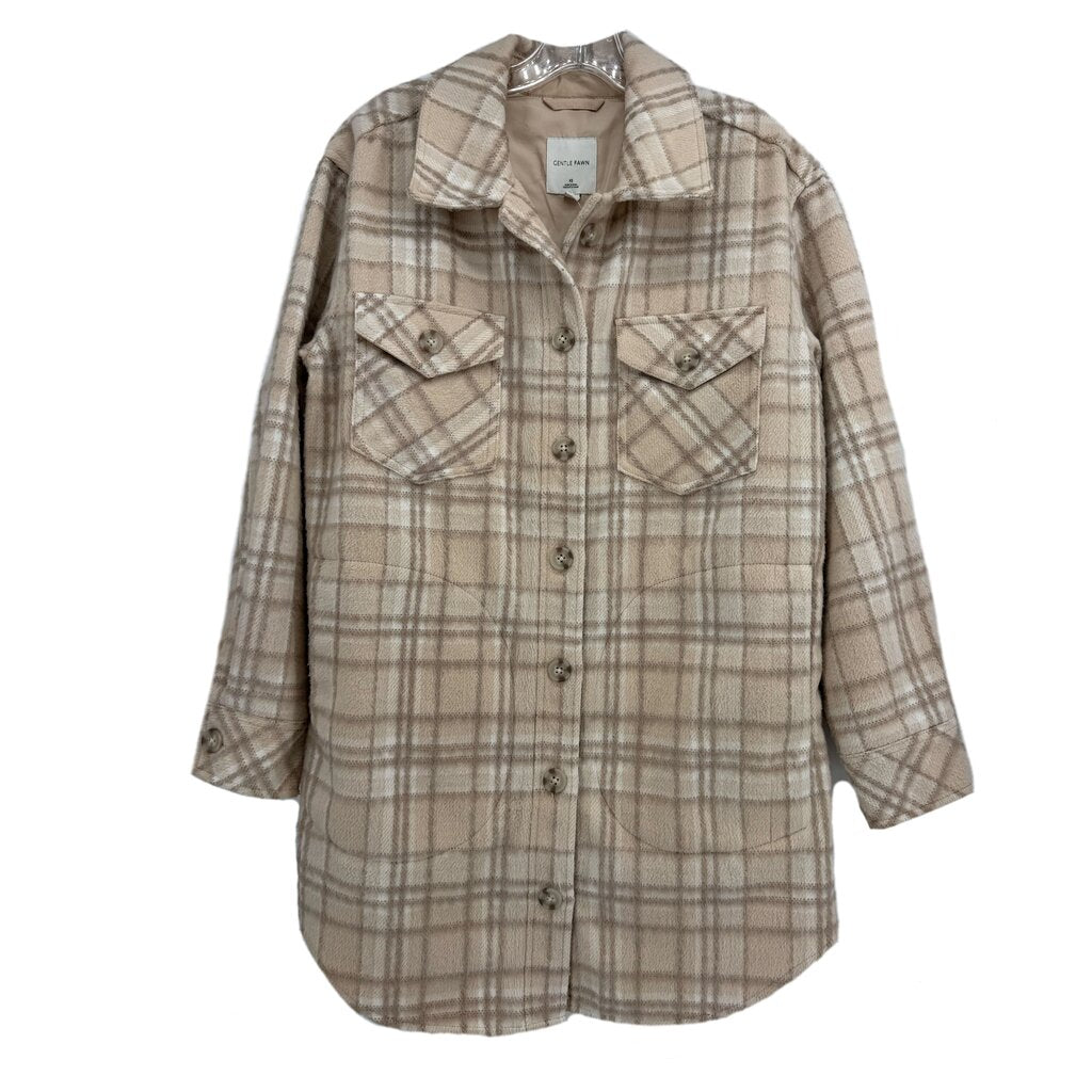 Cream plaid button-up outer shirt with chest flap pockets, long sleeves.