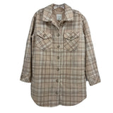 Cream plaid button-up outer shirt with chest flap pockets, long sleeves.