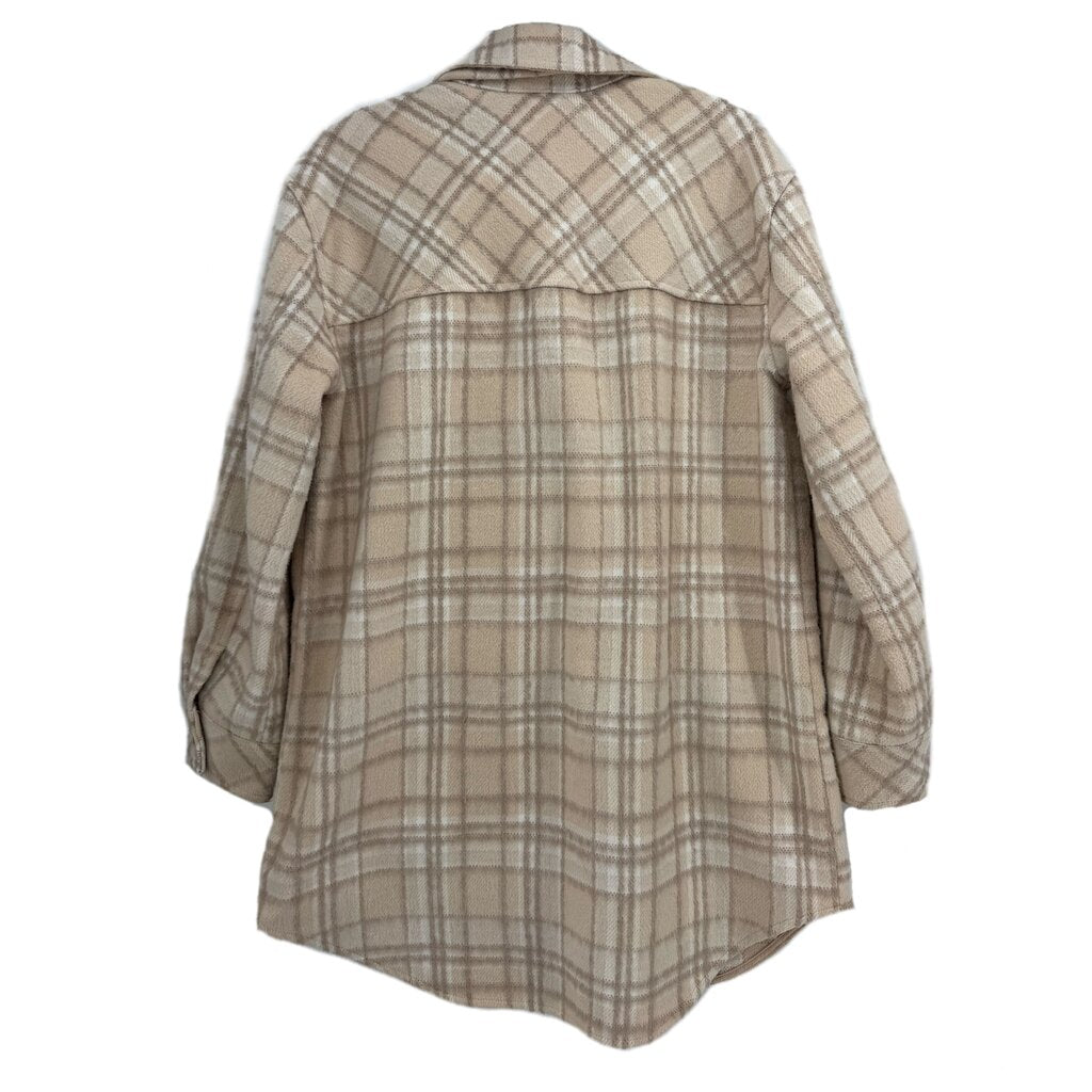 Cream plaid outer shirt back view with button closure and long sleeves.