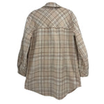 Cream plaid outer shirt back view with button closure and long sleeves.