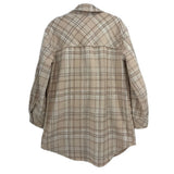 Cream plaid outer shirt back view with button closure and long sleeves.