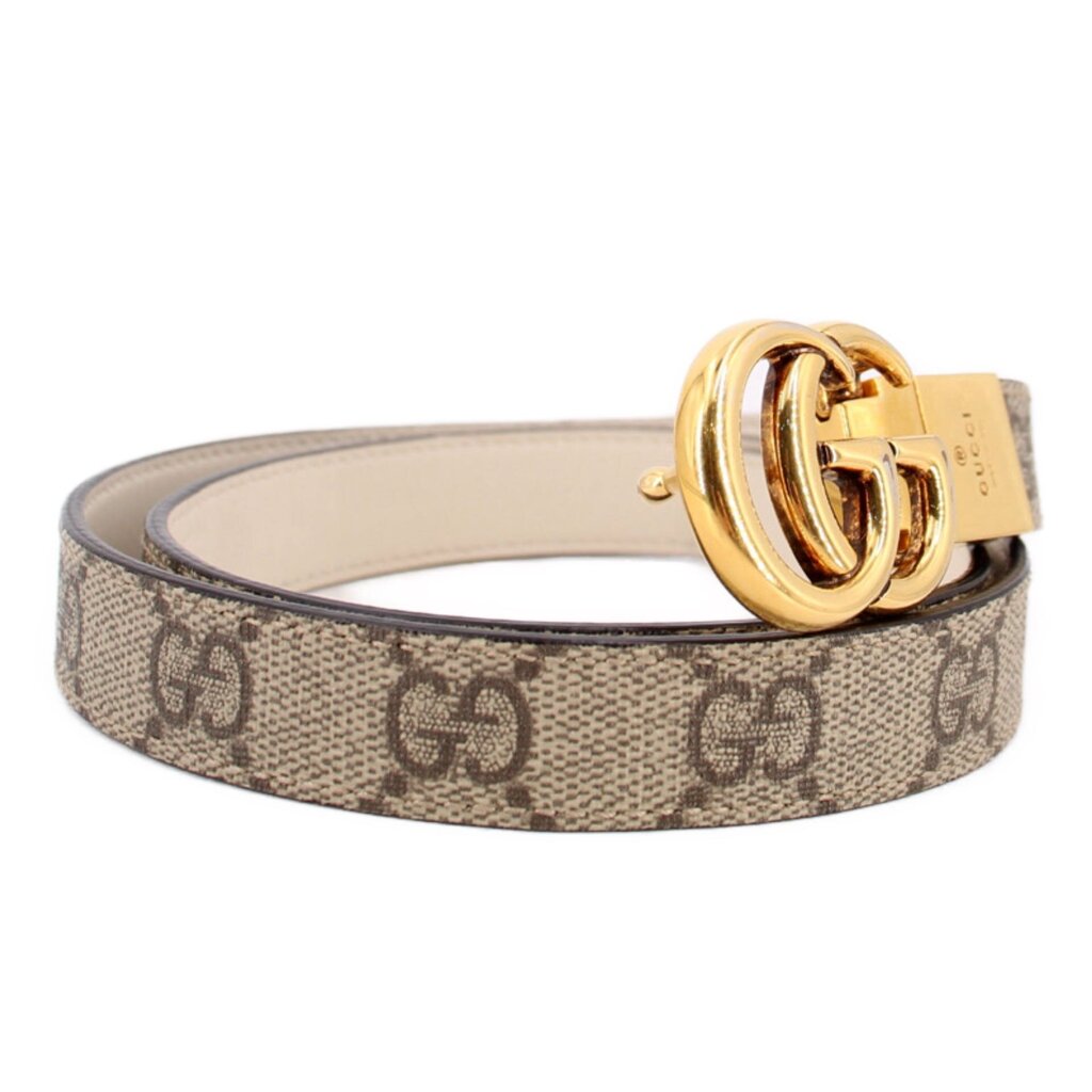 Tan GG monogram belt with gold buckle and beige reverse side strap