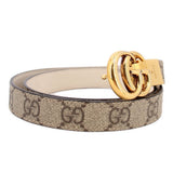 Tan GG monogram belt with gold buckle and beige reverse side strap
