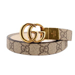 GG monogram canvas belt in tan with gold double-G buckle and keeper