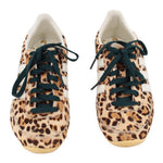 Pair of ADIDAS leopard calf hair sneakers, front view, dark green lace-up