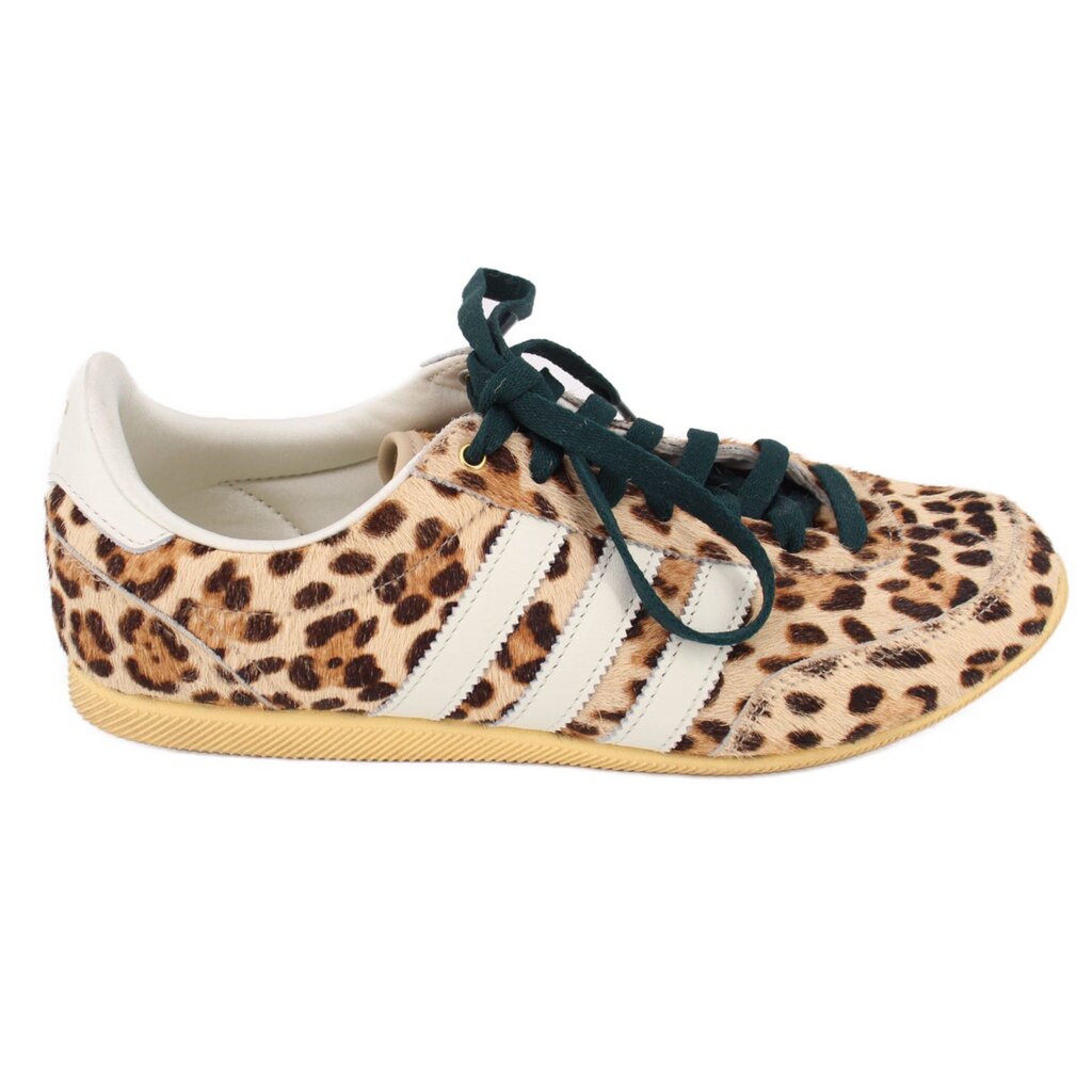 ADIDAS leopard calf hair low-top sneakers, white 3-stripes, dark green laces