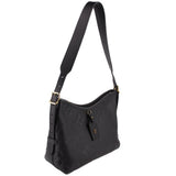 Black monogram shoulder bag with adjustable strap, front zip and gold-tone hardware