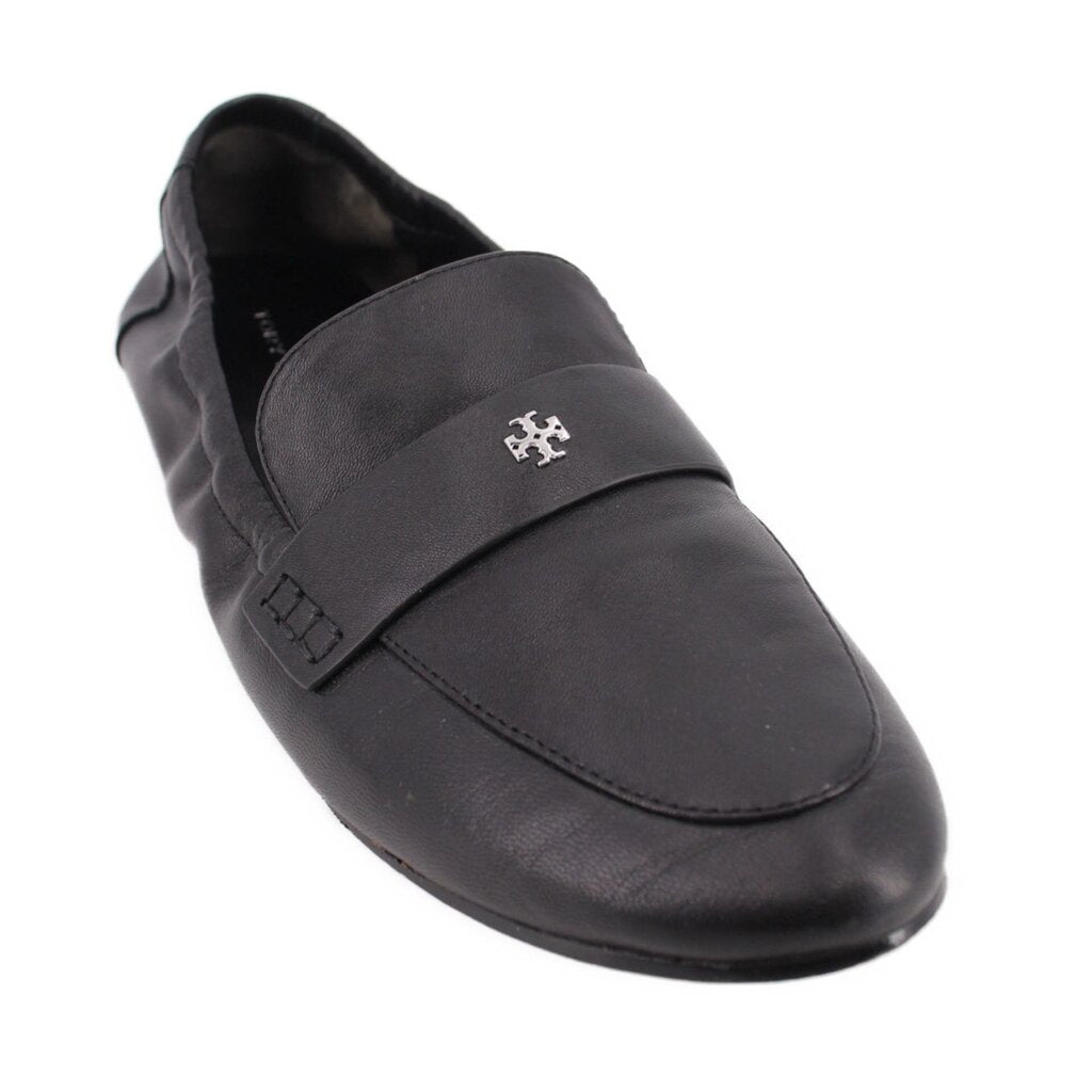 Black leather loafer with logo emblem and side strap detail