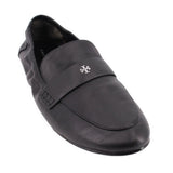 Black leather loafer with logo emblem and side strap detail