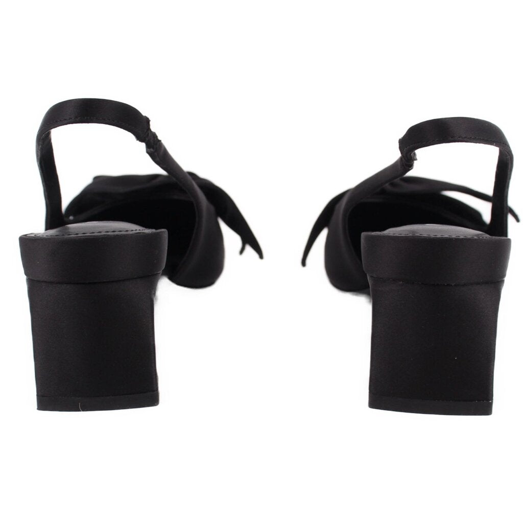 Black satin slingback heels, side view with block heel and open back