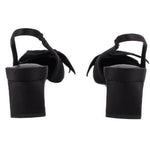 Black satin slingback heels, side view with block heel and open back