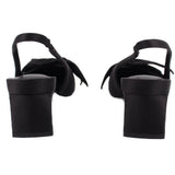 Black satin slingback heels, side view with block heel and open back