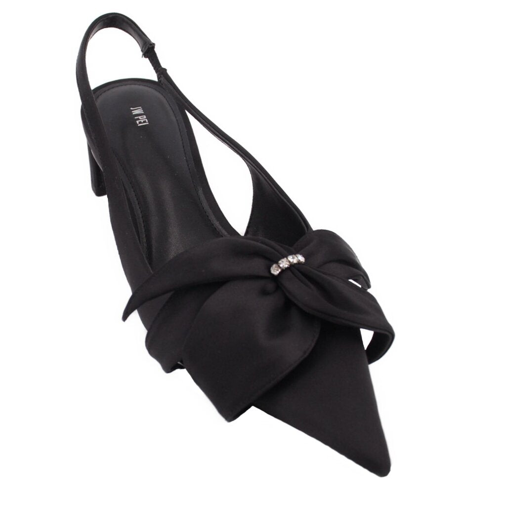 Black satin slingback heels with knotted bow and rhinestone detail
