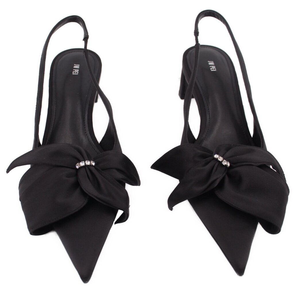 Black satin slingback heels with double bow and rhinestone buckle