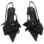 Black satin slingback heels with double bow and rhinestone buckle