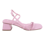 Patent heeled sandal with crossed straps, ankle strap, and block heel