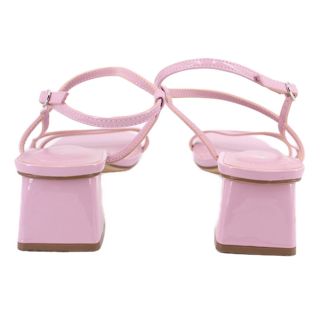 Patent heeled sandals with ankle strap and open toe, showing block heel