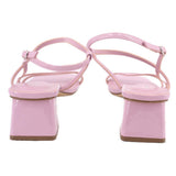 Patent heeled sandals with ankle strap and open toe, showing block heel