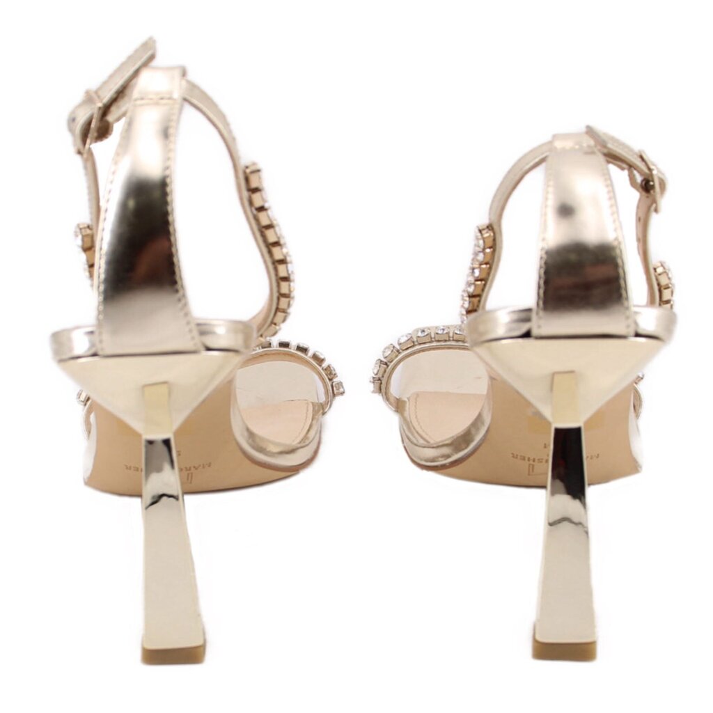 Gold metallic heeled sandals, back view: ankle strap and rhinestone trim