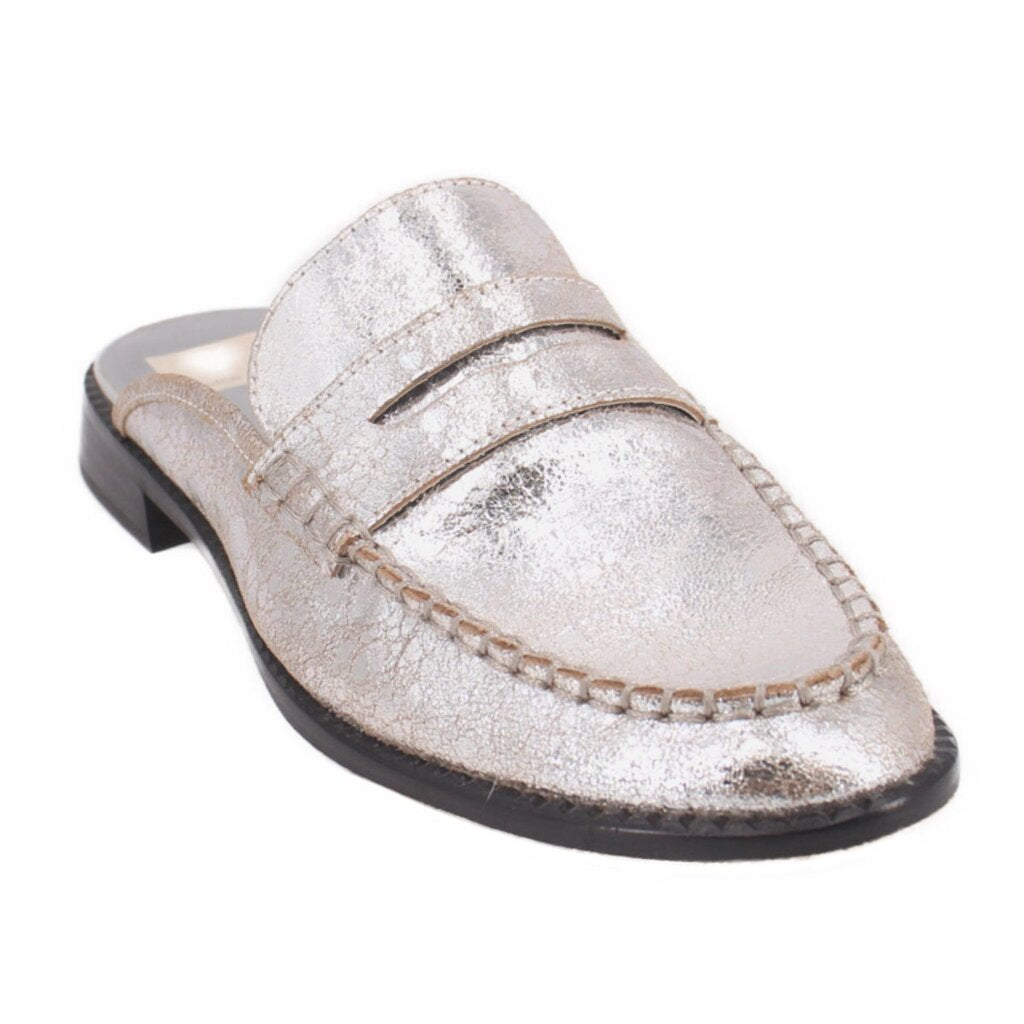 Silver metallic mule loafers with instep strap, stitched moc toe, and black sole