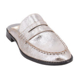 Silver metallic mule loafers with instep strap, stitched moc toe, and black sole