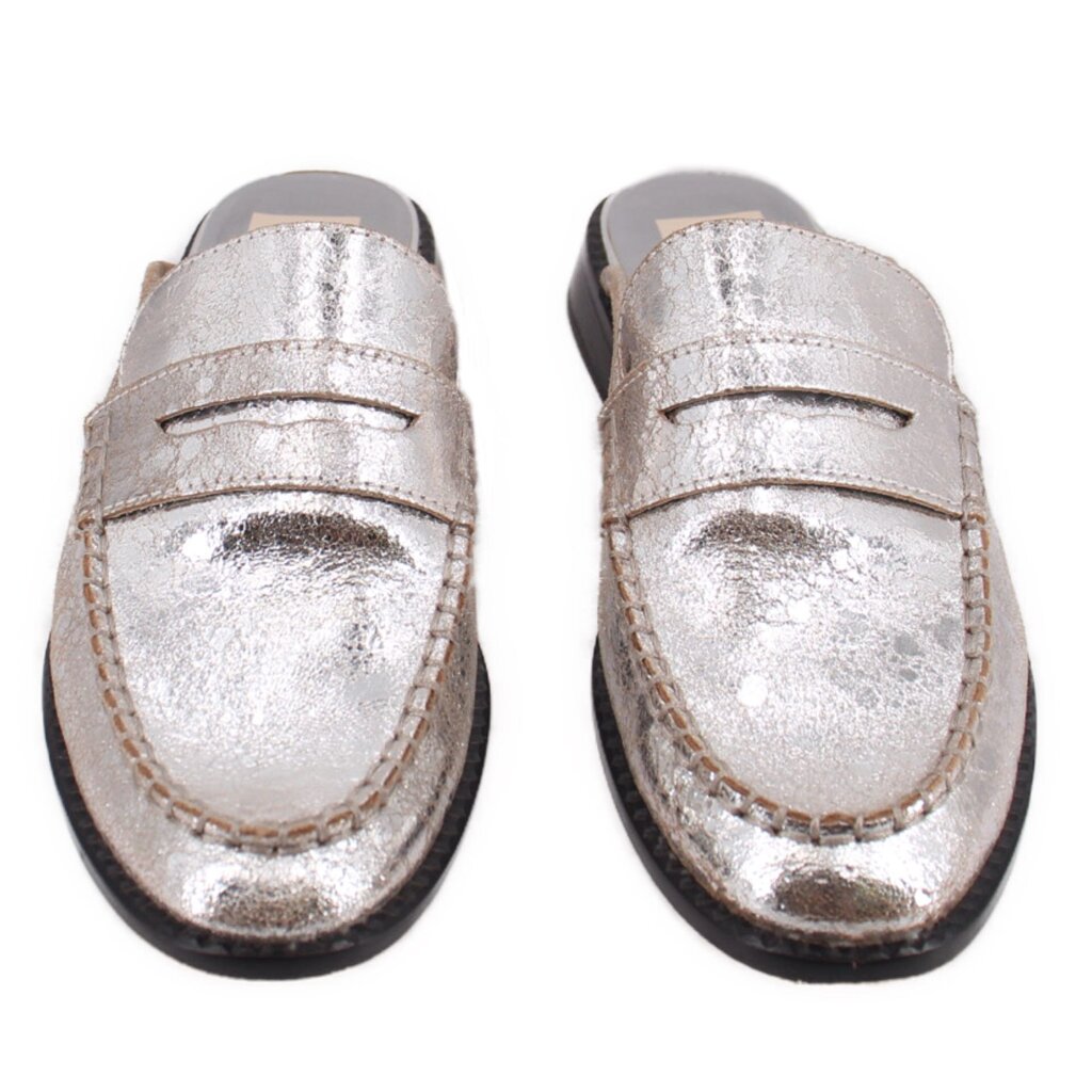 Pair of silver metallic mule loafers, front view with two strap bands and moc stitching