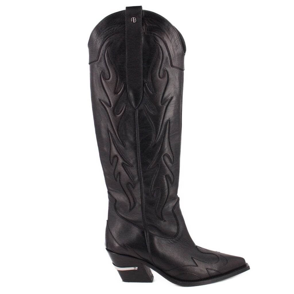Black cowboy boots with elastic gore, stitched motifs, low block heel