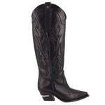 Black cowboy boots with elastic gore, stitched motifs, low block heel