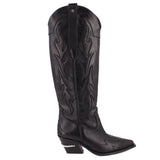 Black cowboy boots with elastic gore, stitched motifs, low block heel