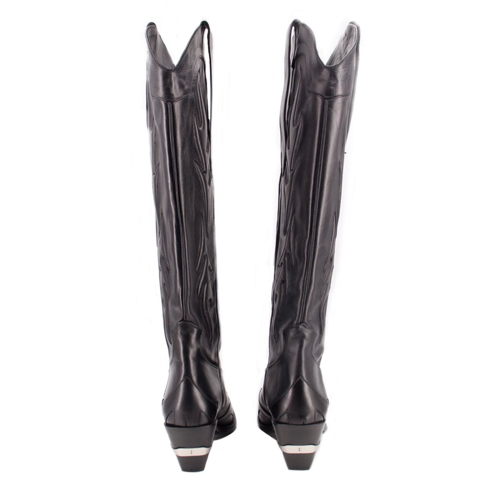 Pair of black cowboy boots, rear view with tall shaft and stacked heel
