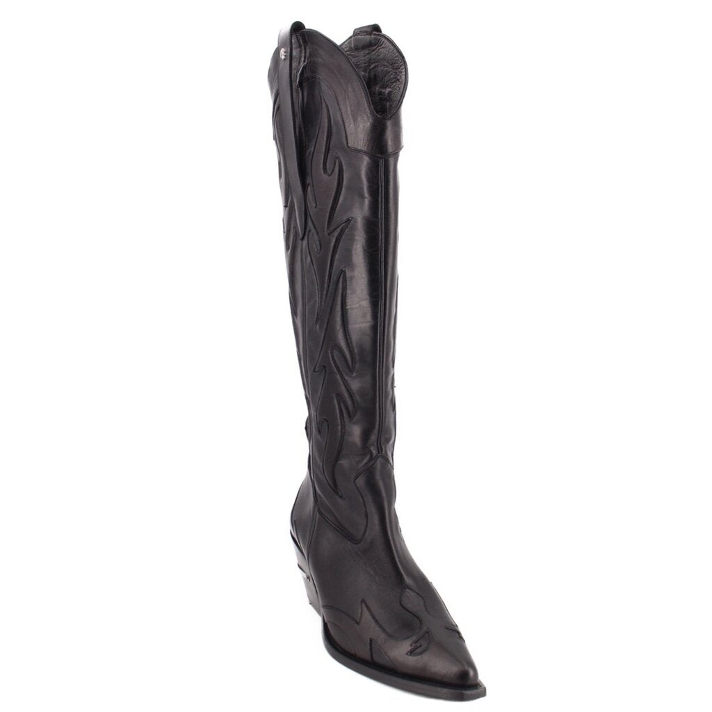 Black cowboy boots with pointed toe, tall shaft, stitched decorative patterns